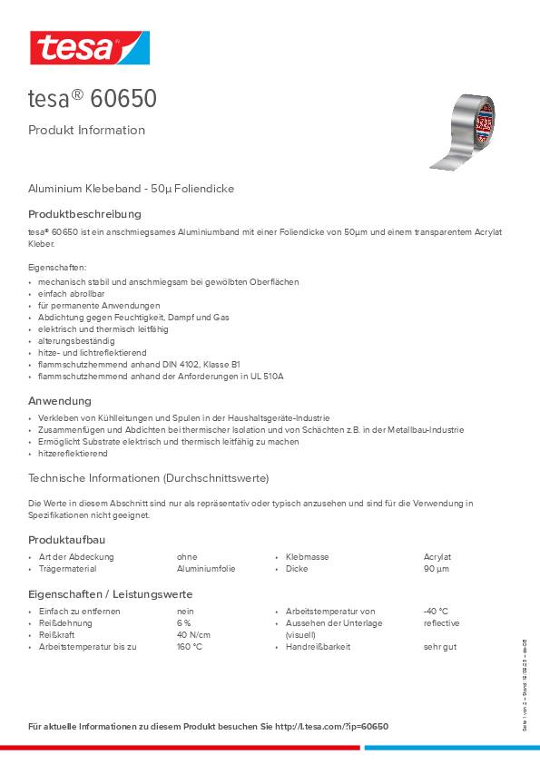 Aluminiumklebeband 60650 o.Liner L.50m B.50mm Rl.TESA