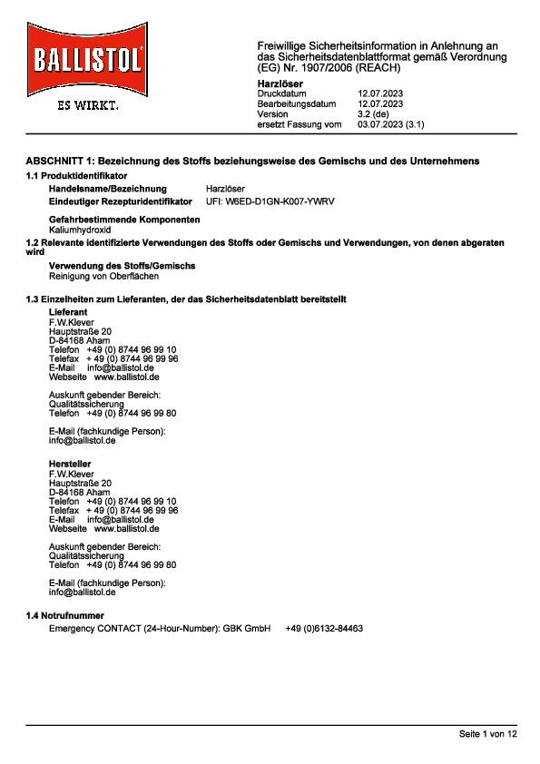 Harzlöser 750ml Sprühflasche BALLISTOL