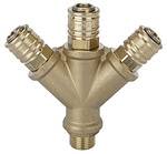 Riegler Verteiler mit 3 Schnellverschlusskupplungen NW 7,2, Messing blank, G 1/4 AG, Betriebsdruck 0 - 35 bar, Temp. -20 °C bis 100 °C<br>1-, 2- bzw