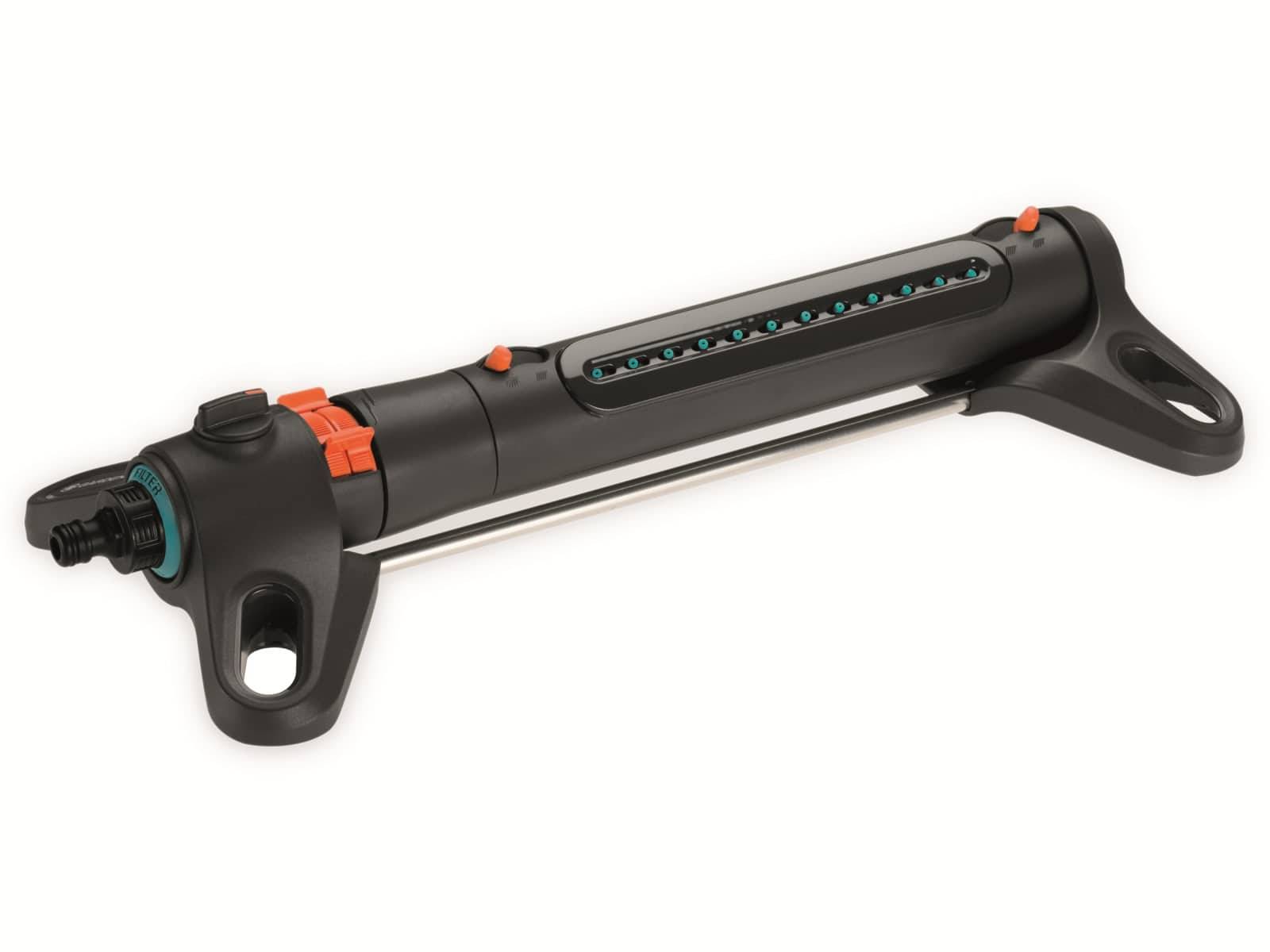 Schwarze Sprinkler-/Bewässerungsdüse mit orangefarbenen Bedienelementen und Befestigungsschlaufen, dargestellt auf weißem Hintergrund.