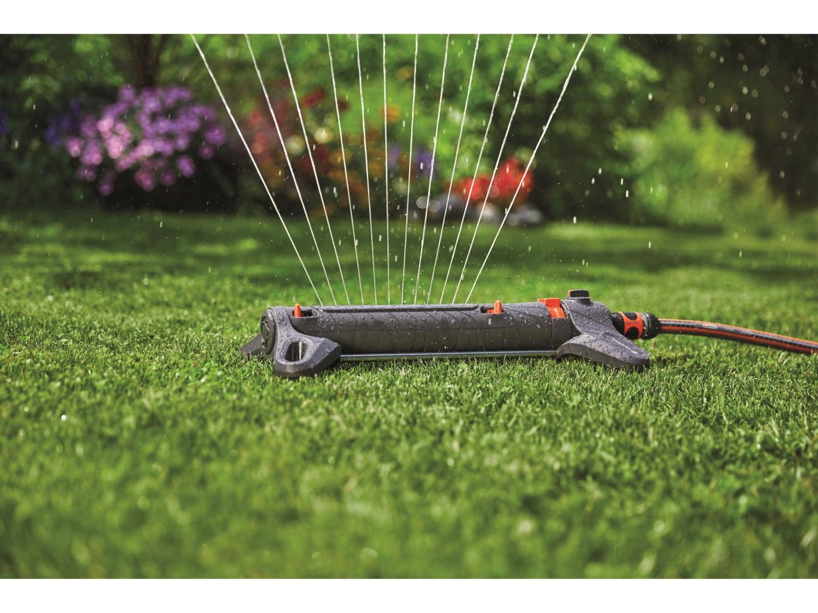 Gartensprinkler, der Wasser über einen grünen Rasen verteilt, mit unscharfen Blumen und Sträuchern im Hintergrund.