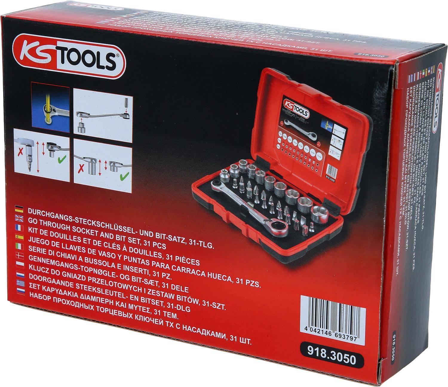 Eine rote Werkzeugkiste von KS Tools, mit verschiedenen Steckschlüsseln und Bits, die ordentlich darin angeordnet sind. Die Verpackung zeigt die mehrsprachige Beschreibung des Sets.