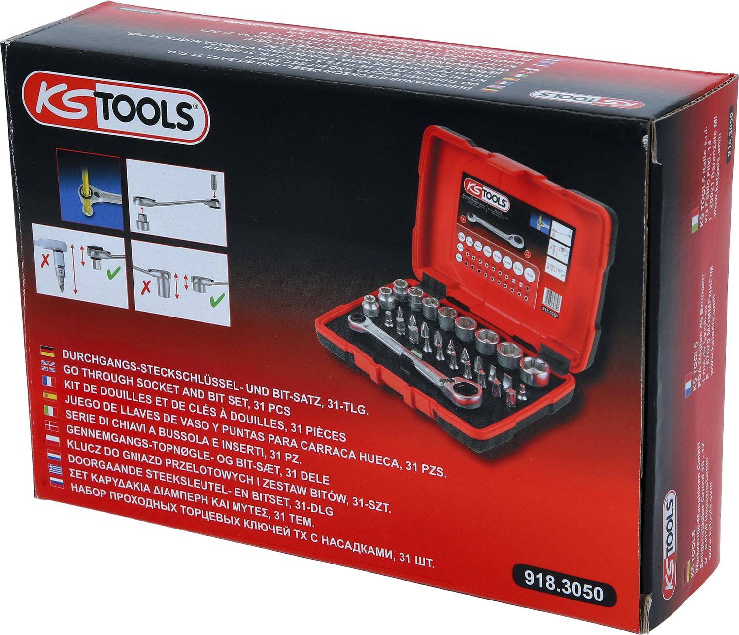KS TOOLS Werkzeugset in einer roten Box mit einer Sammlung von Steckschlüsseln und Bits. Icons veranschaulichen die richtige und falsche Anwendung.