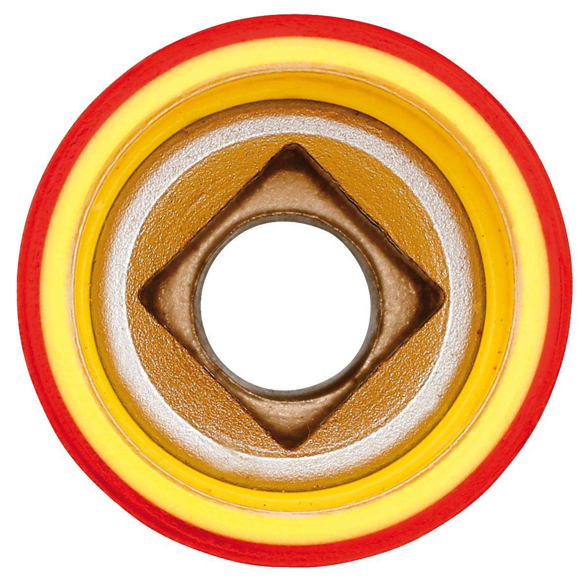 Nahaufnahme eines kreisförmigen Metalllagers oder einer Unterlegscheibe mit einem roten äußeren Ring, einem gelben inneren Ring und einer quadratischen Mittelöffnung auf weißem Hintergrund.