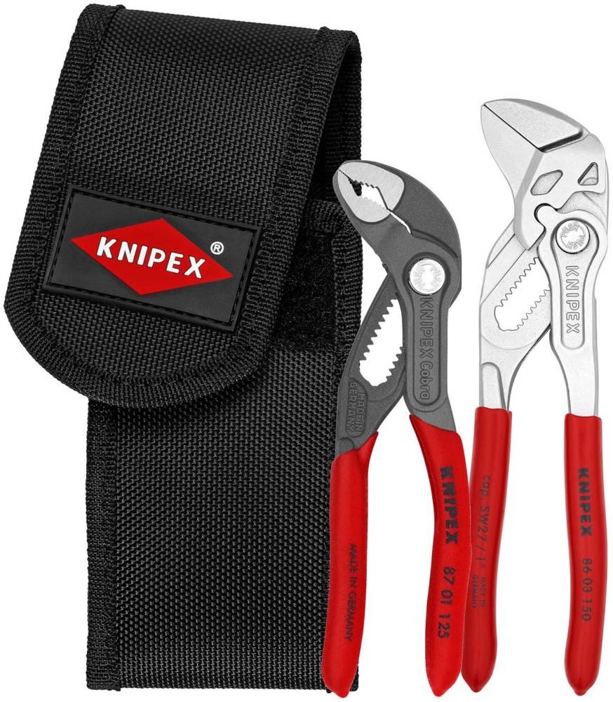 Zwei Knipex-Zangen mit roten Griffen neben einer schwarzen Transporttasche.