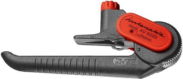 Eine rote Werkzeugklemme mit einem grauen Gehäuse, beschriftet mit 'INT B', ist an einem schwarzen Stab befestigt, die Teile zeigen Möglichkeiten für präzise Einstellungen oder Befestigung.