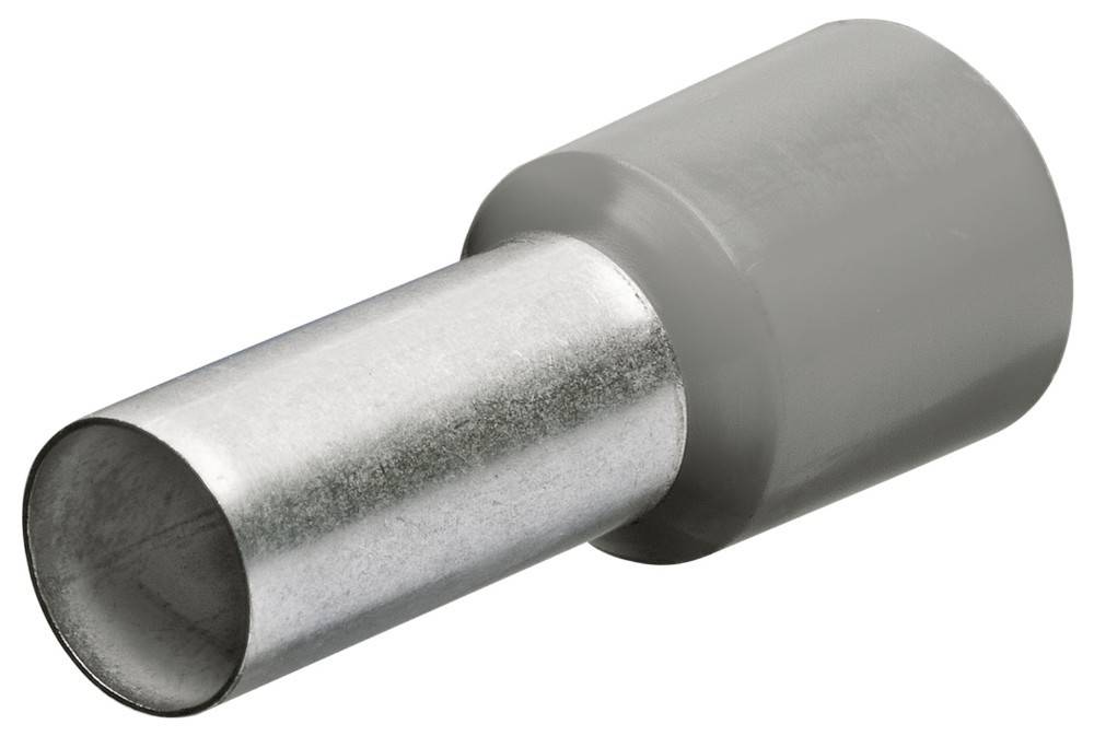 Eine Nahaufnahme einer grauen isolierten Ferrule. Die Metallhülse ist teilweise sichtbar und zeigt ihre zylindrische Form mit einer Kunststoffabdeckung.