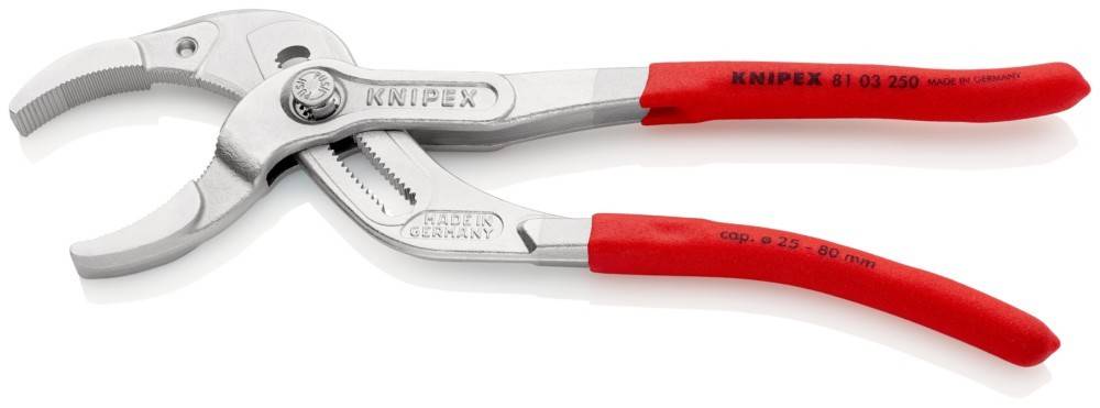 Eine rote Zange mit Griff, auf deren Metall der Markenname 'Knipex' geprägt und 'Made in Germany' eingraviert ist, und die zum Greifen von Gegenständen entwickelt wurde.