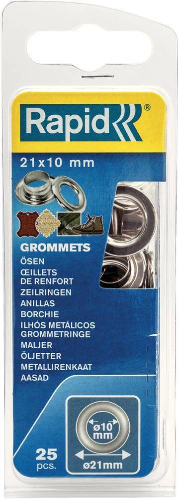 Packung mit Schnellösen, 21 x 10 mm, 25 Stück, zeigt Metalllösen und mehrsprachiges Etikett auf blau-gelbem Rückkartron.