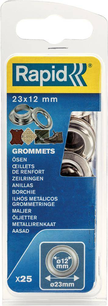 Verpackung für Rapid R Metallic-Ösen, 23 x 12 mm, 25er-Set, mit assorted Farbmustern und 12 mm/23 mm Größensymbol.