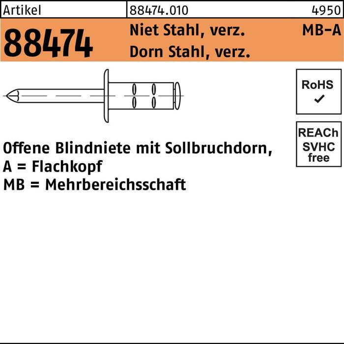 Blindniete R 88474 FLAKO 4x10 Niet Stahl verz./Dorn Stahl verz. 500St. GESIPA