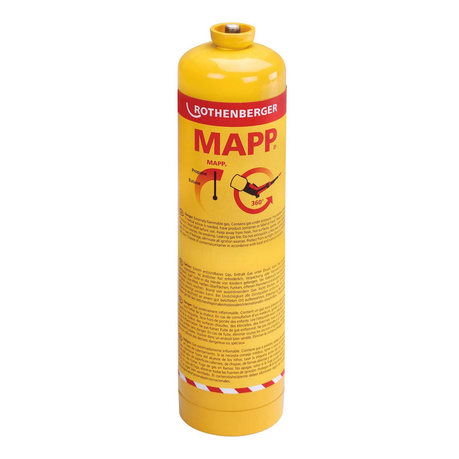 Gelber Rothenberger MAPP-Gaszylinder mit Etikett und Ventil oben, gezeigt vor weißem Hintergrund.