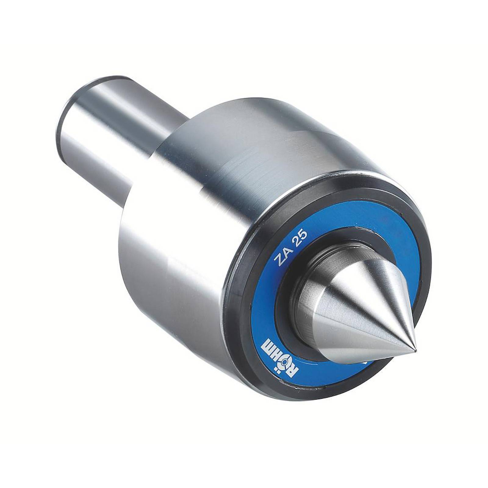 Ein Metall-Zentrierspitze-Werkzeug mit konischer Spitze, gekennzeichnet mit 'ZA 25', zur Unterstützung von Werkstücken während der Bearbeitung, mit blauem Akzent.