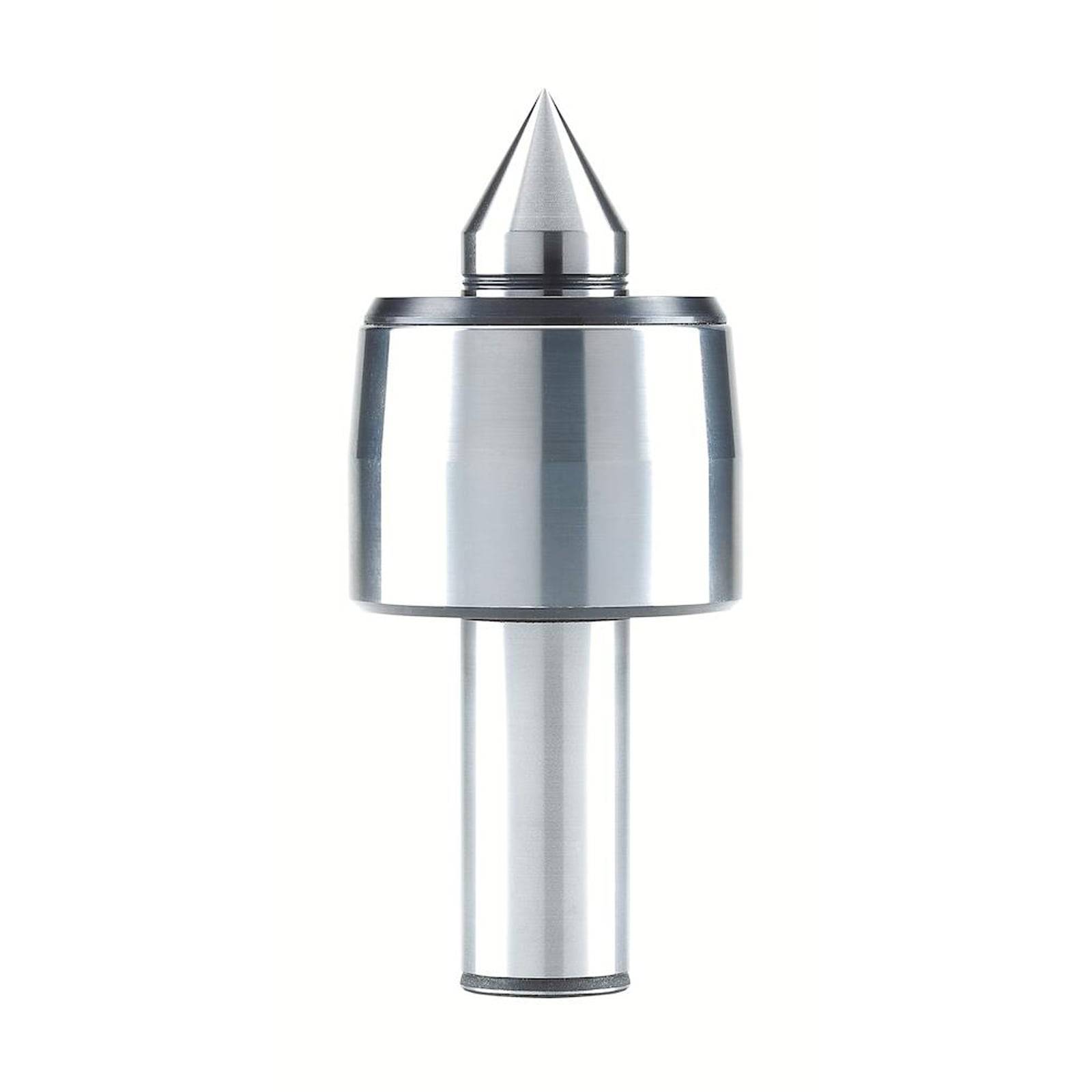 Ein silbernes Metall-Drehmaschinen-Zentrierwerk mit spitzer Spitze und zylindrischer Basis, das zum Abstützen von Werkstücken während der Bearbeitung verwendet wird.