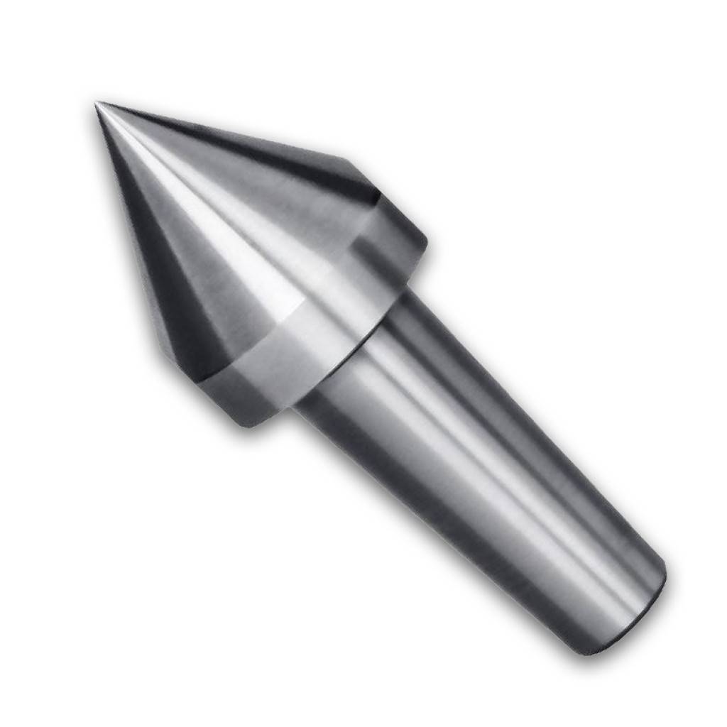 Metallischer konischer Senker mit spitzer Spitze und zylindrischem Schaft, isoliert auf weißem Hintergrund.