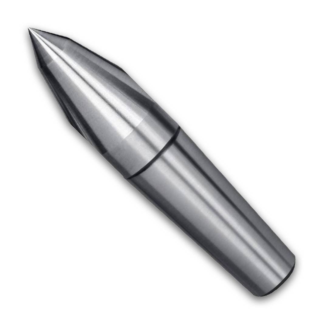 Nahaufnahme eines Metall-Fräsers oder Fräswerkzeugs mit spitzer Spitze und zylindrischem Schaft auf weißem Hintergrund.