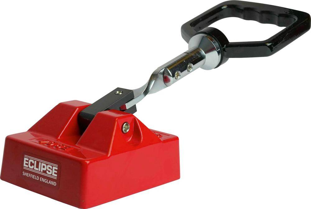 Roter Magnetischer Heber mit schwarzem Griff und Hakenanbringung, mit der Aufschrift 