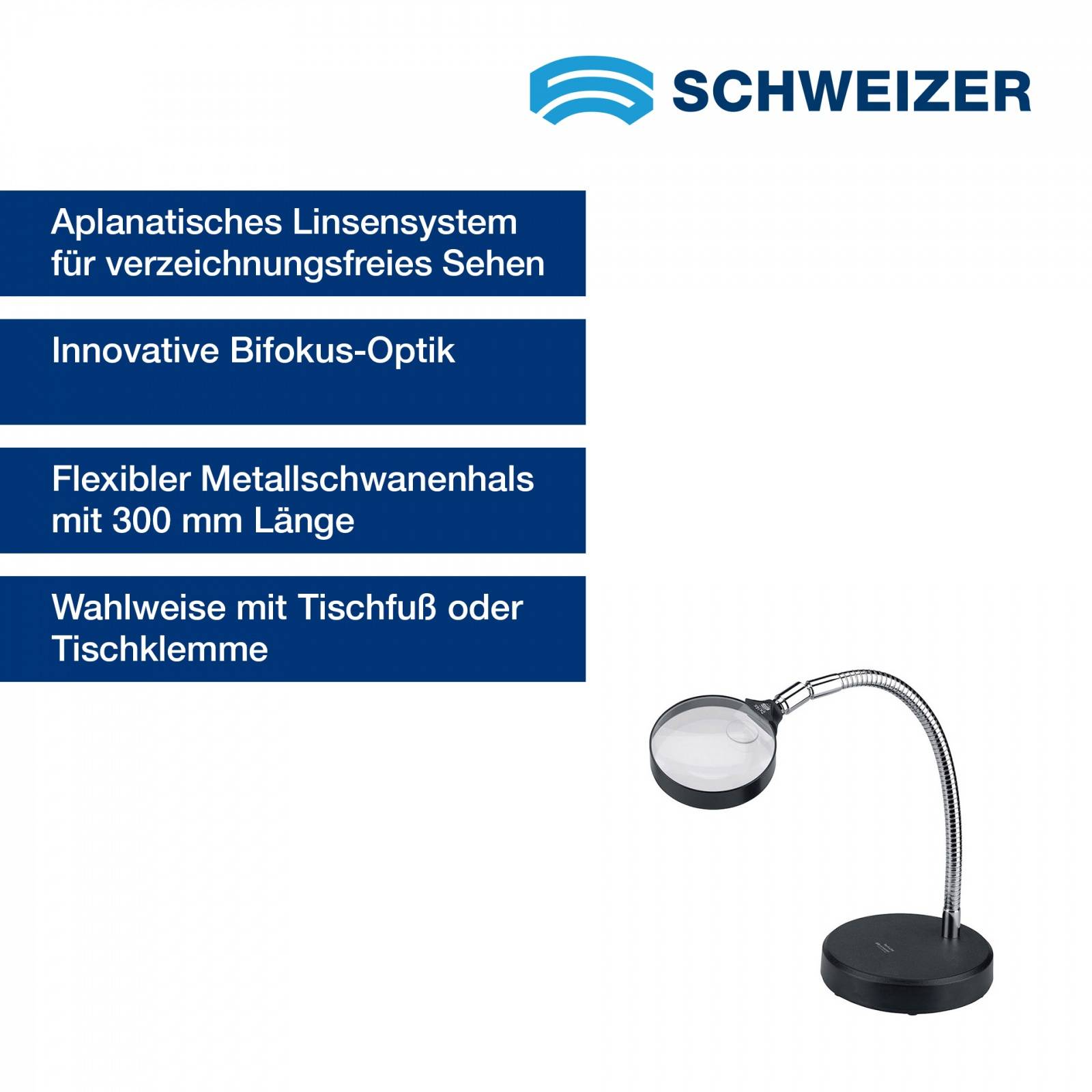 SCHWEIZER Arbeitsstandlupe Tech-Line Bifo 2 x / 4 x; Ø 90 / Ø 22,8 mm, bifokal, aplanatisch, Tischfuß