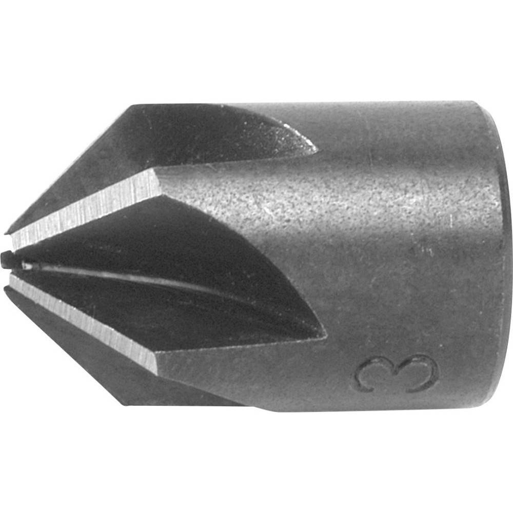 Nahaufnahme eines Metallsenkers mit gefurchten Schneidkanten, der zum Anfasen von Schraubenlöchern verwendet wird.