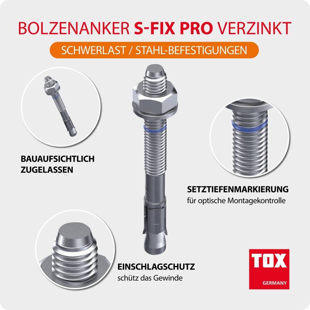 Produktgrafik eines verzinkten 'Bolzenankers S-FIX PRO' Schwerlast-Stahlankels mit Installationstiefenmarkierung, Schlagschutz und Baugenehmigung; TOX-Deutschland-Logo enthalten.
