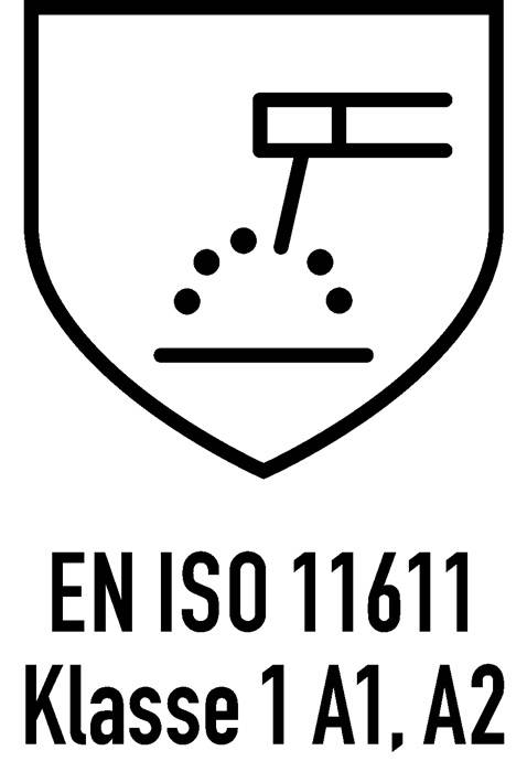 Sicherheitsschuhstandard-Symbol mit der Bezeichnung „EN ISO 11611", „Klasse 1 A1, A2"", zeigt Schutz vor Schweißspritzern.