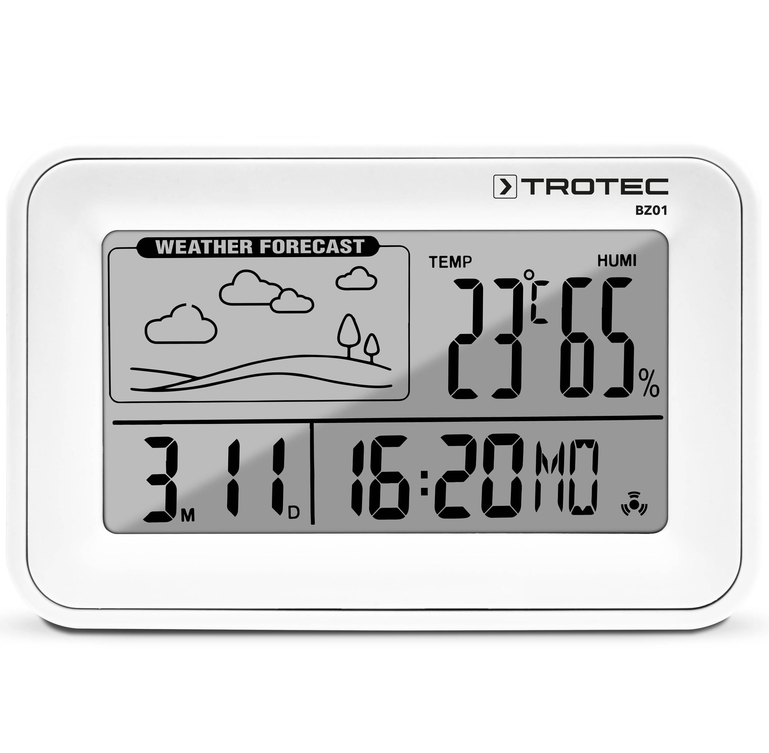 TROTEC Digital-Wecker mit Wetterstation BZ01 Thermometer kompakte 4-in-1-Uhr Zeit Datum Raumtemperatur Luftfeuchtigkeit Wettertrend-Prognose