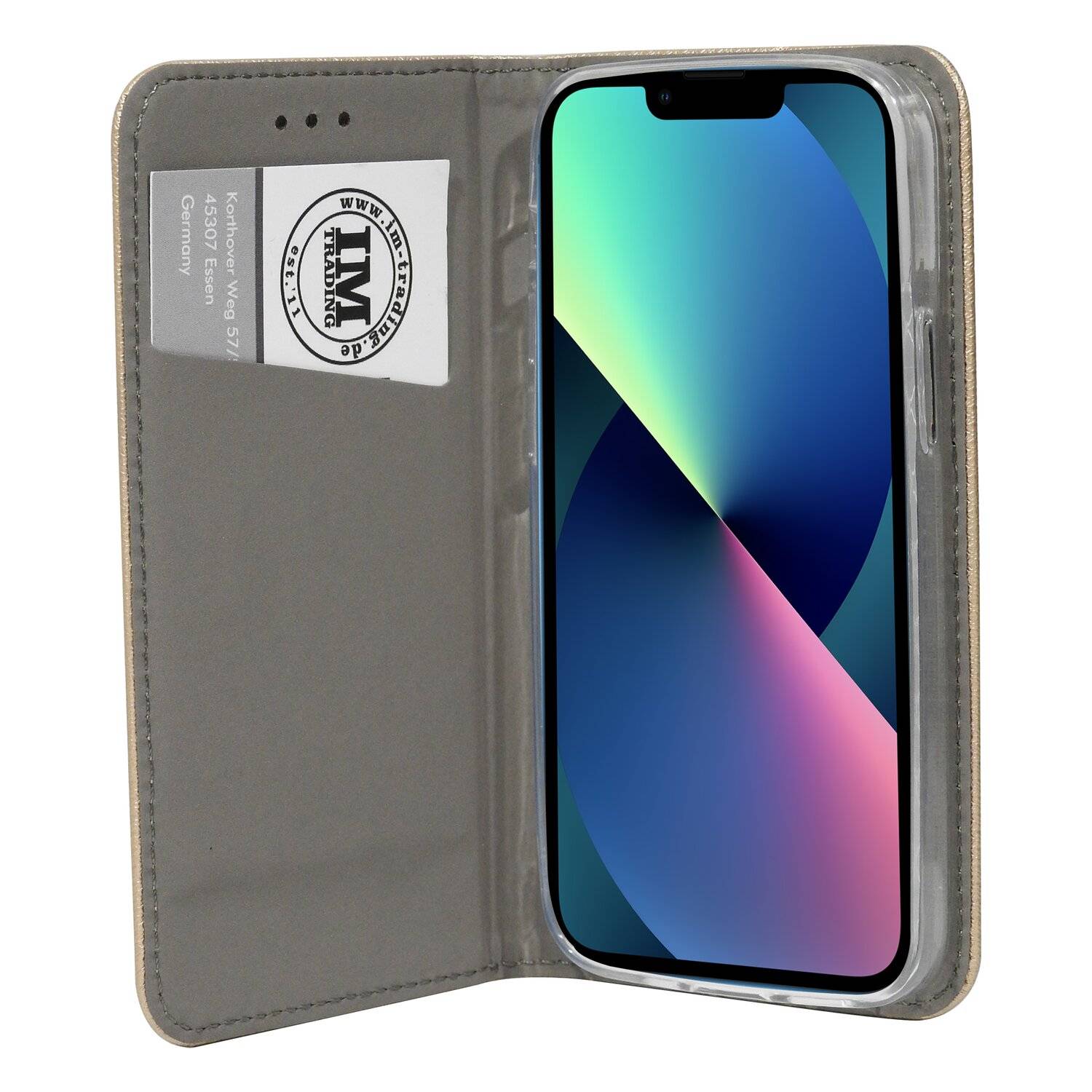 Buch Tasche "Smart" für iPhone 13 Mini Handy Hülle Etui Brieftasche Schutzhülle mit Standfunktion, Kartenfach Gold