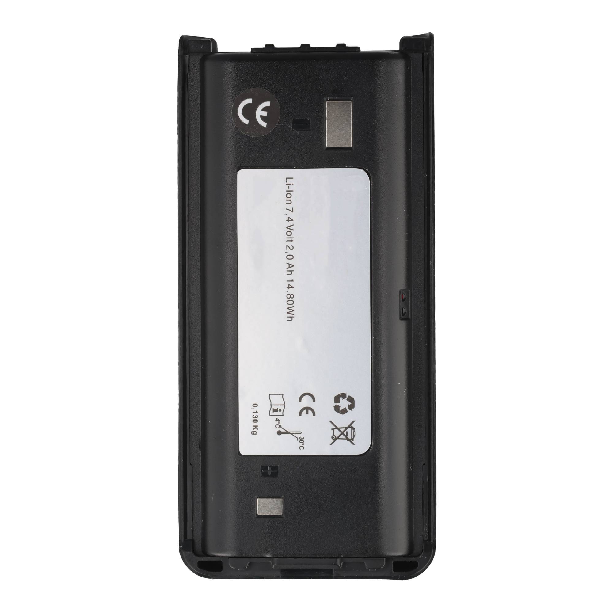 Schwarzes wiederaufladbares Lithium-Ionen-Akkupack mit Etikett, auf dem 7,4 V, 20,2 Ah, 148 Wh und CE-/Recycling-Symbole angezeigt werden.