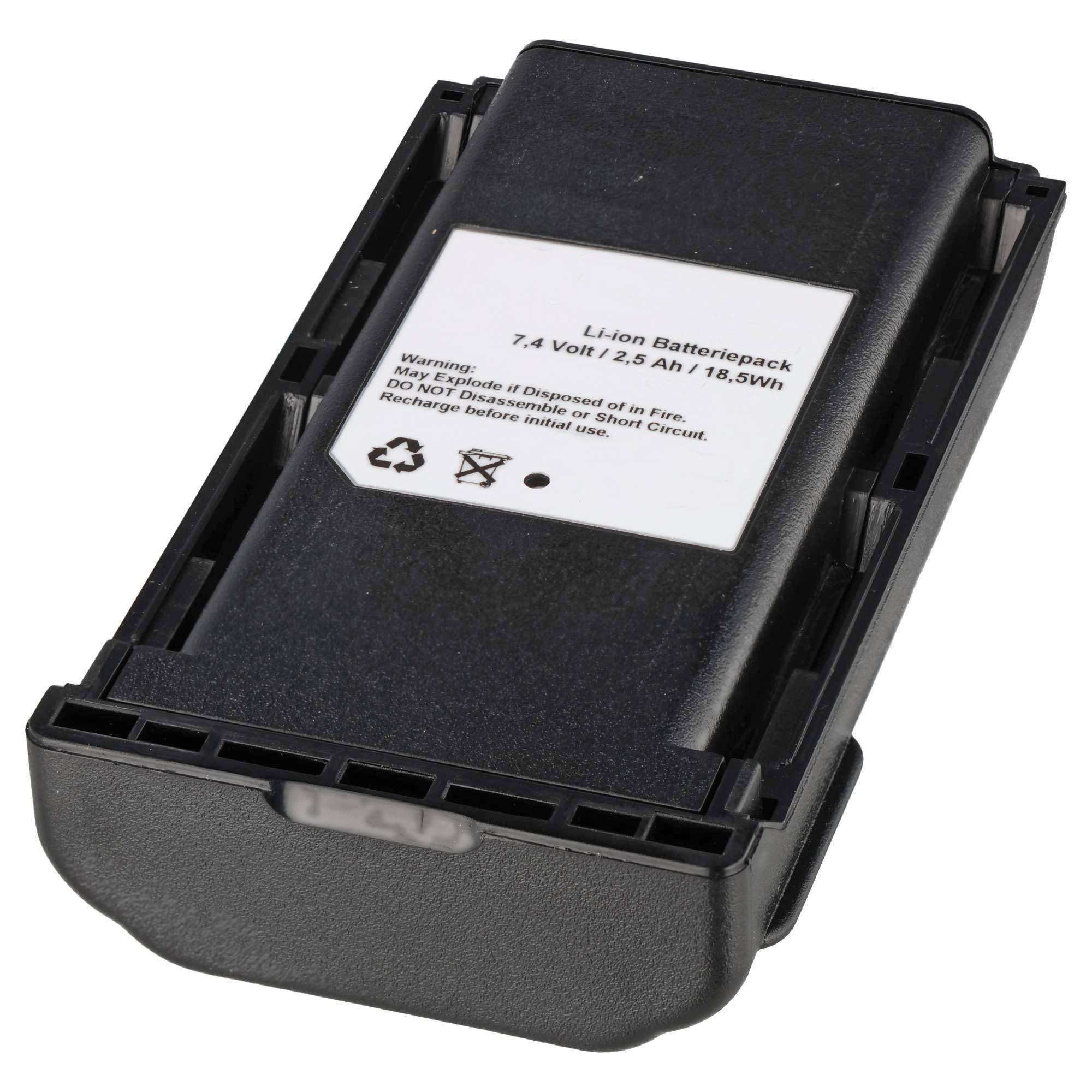Schwarzes Lithium-Ionen-Akkupack mit der Bezeichnung „7,4 Volt / 2,5 Ah / 18,5 Wh" mit Warntext und Recycling-Symbolen.