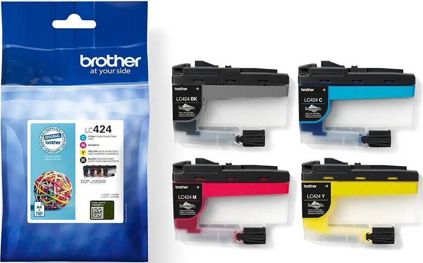 Druckerpatronen für Brother-Drucker, Modell LC424, in schwarz, cyan, magenta und gelb. Verpackung mit sichtbarem 'your side' Slogan.