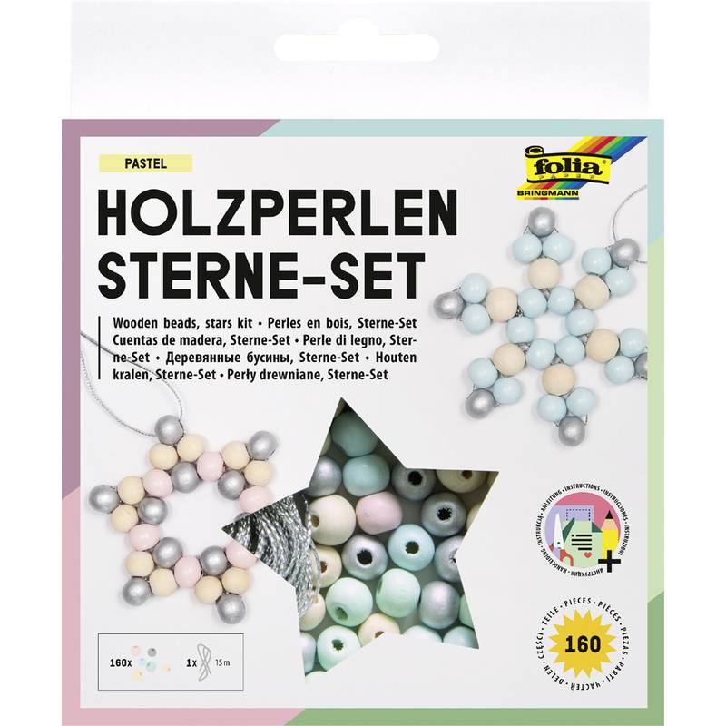 Packung mit Holzperlen-Sterne-Set in Pastellfarben, mit der Bezeichnung „HOLZPERLEN STERNE-SET