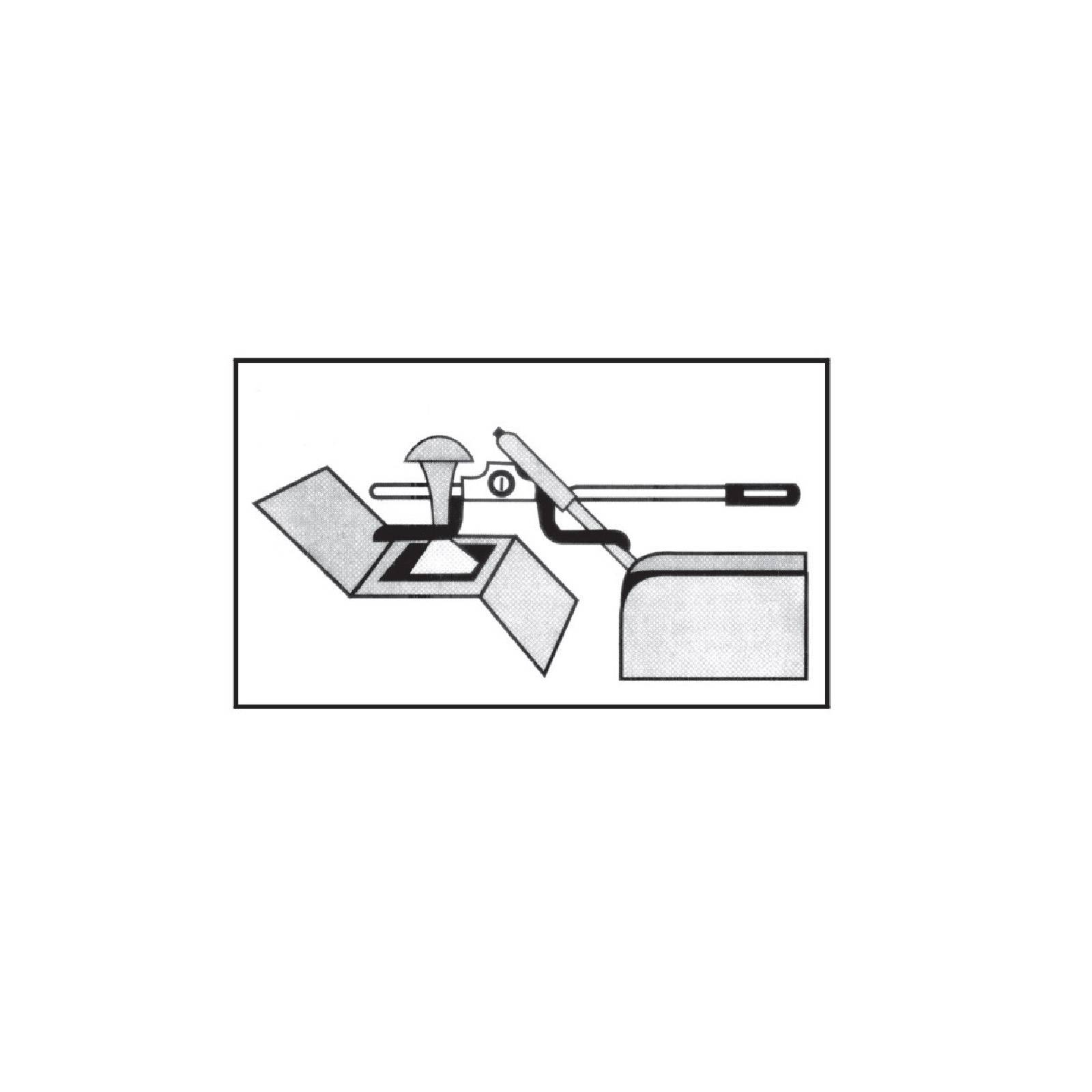 Diagramm eines Hebelmechanismus mit einem Griff, einem Drehpunkt und geneigten Platten, die zeigen, wie Kraft ein Scharnierteili bewegt.