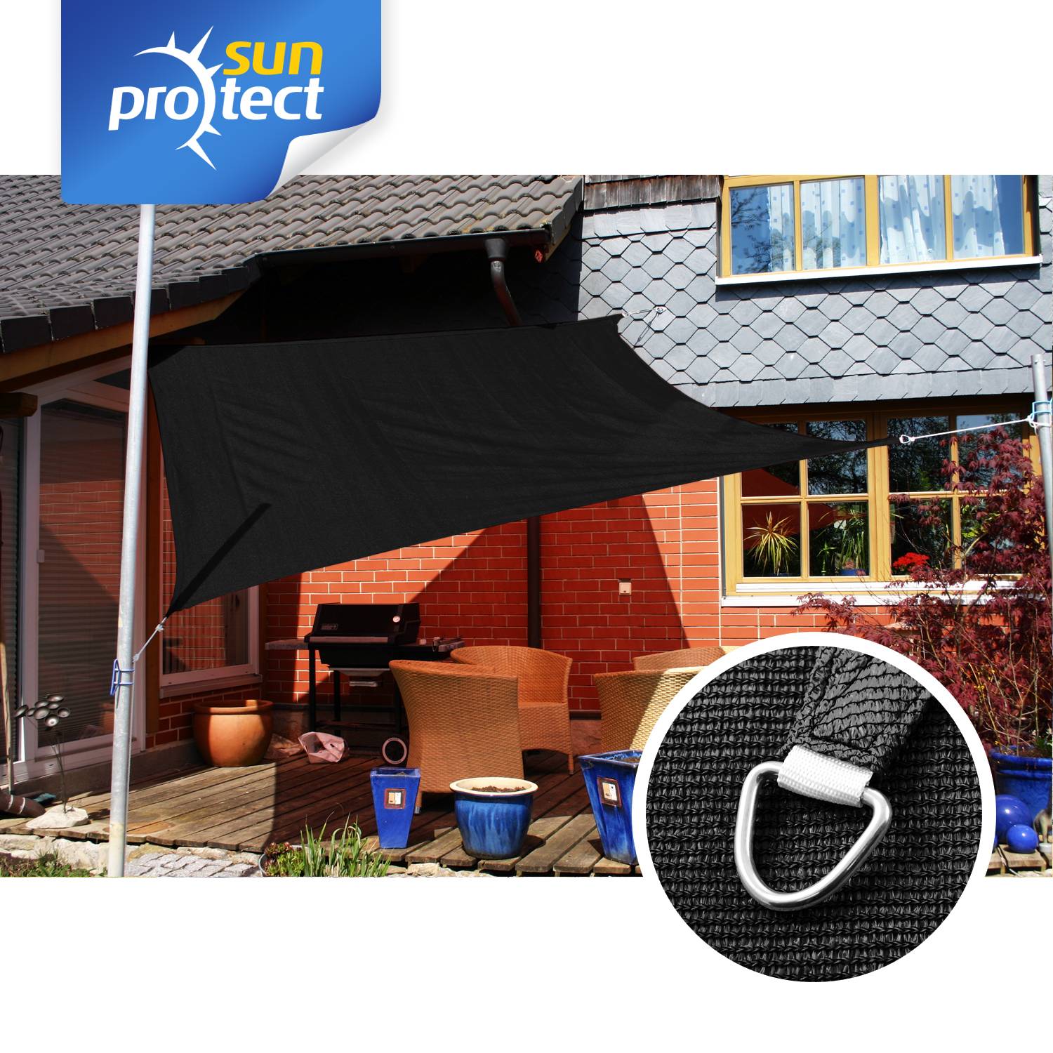 sunprotect 83446 Professional Sonnensegel, 3 x 3 m, Quadrat, wind- & wasserdurchlässig, schwarz