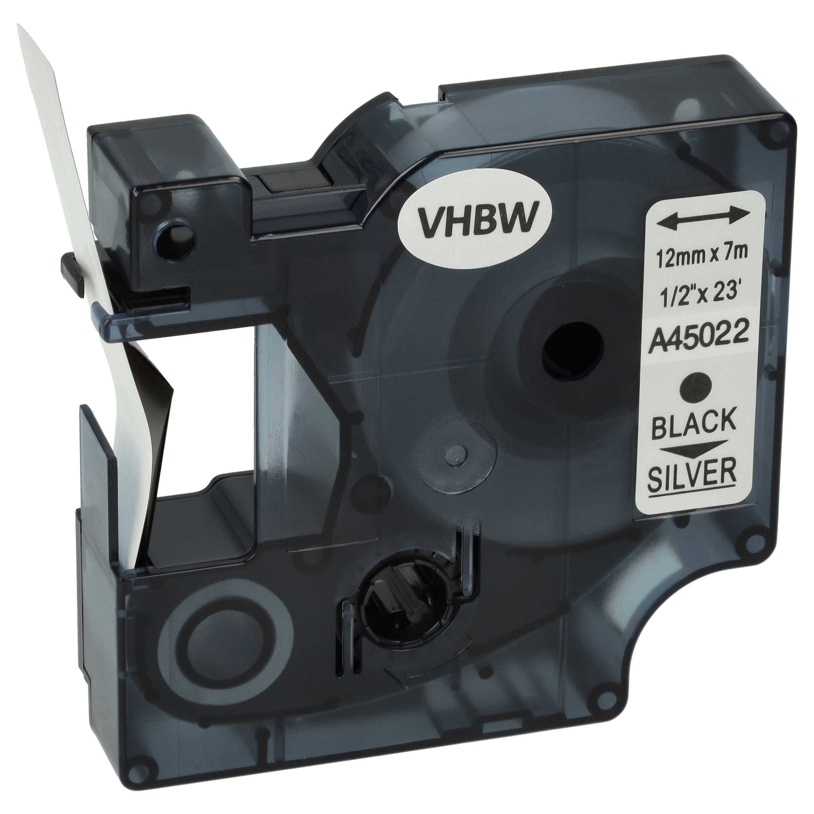 vhbw Schriftband-Kassette kompatibel mit Dymo 5000 | 2000, 5500, 1000+, 1000, 4500, 3500 Etiketten-Drucker 7m x 12mm Schwarz auf Silber