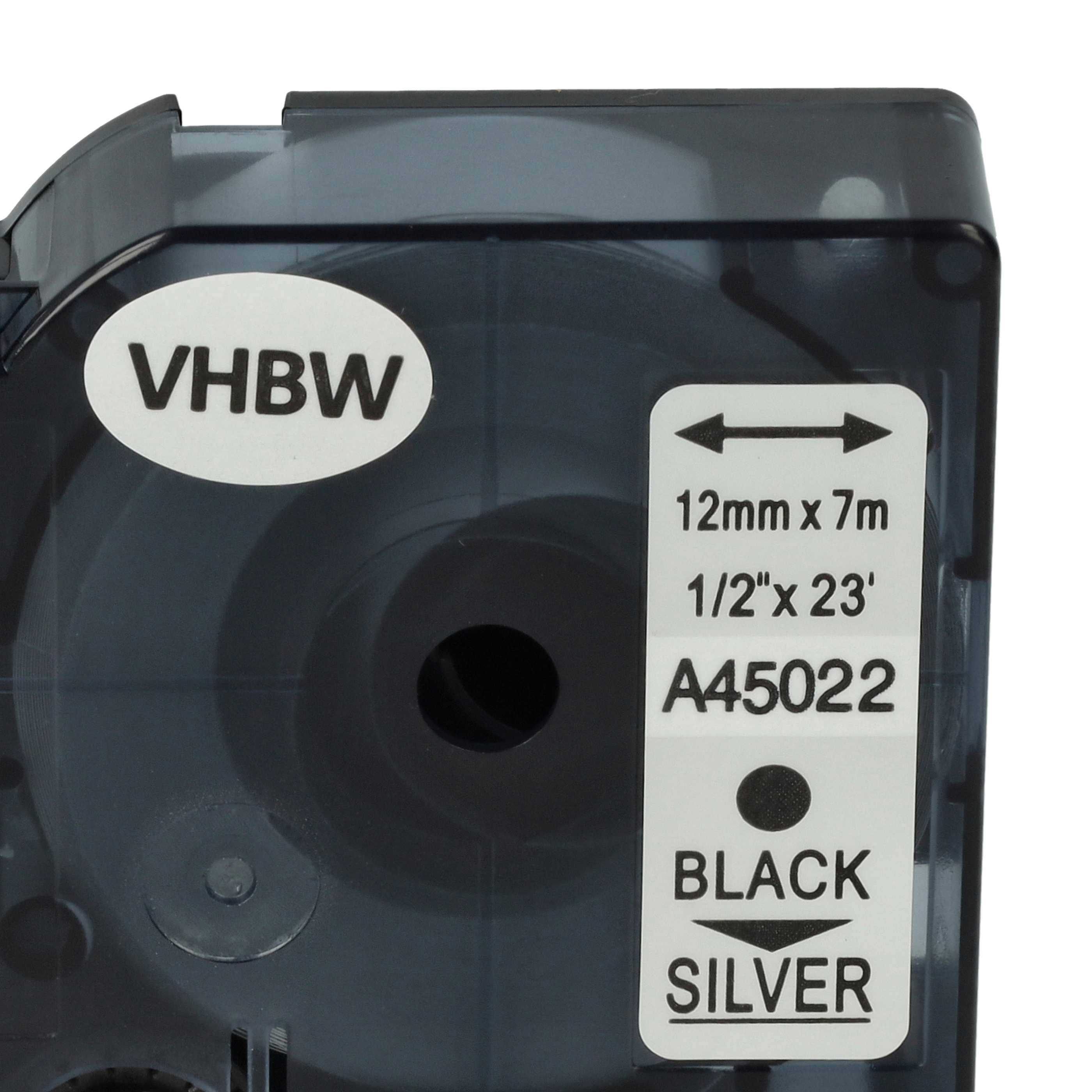 vhbw Schriftband-Kassette kompatibel mit Dymo 5000 | 2000, 5500, 1000+, 1000, 4500, 3500 Etiketten-Drucker 7m x 12mm Schwarz auf Silber