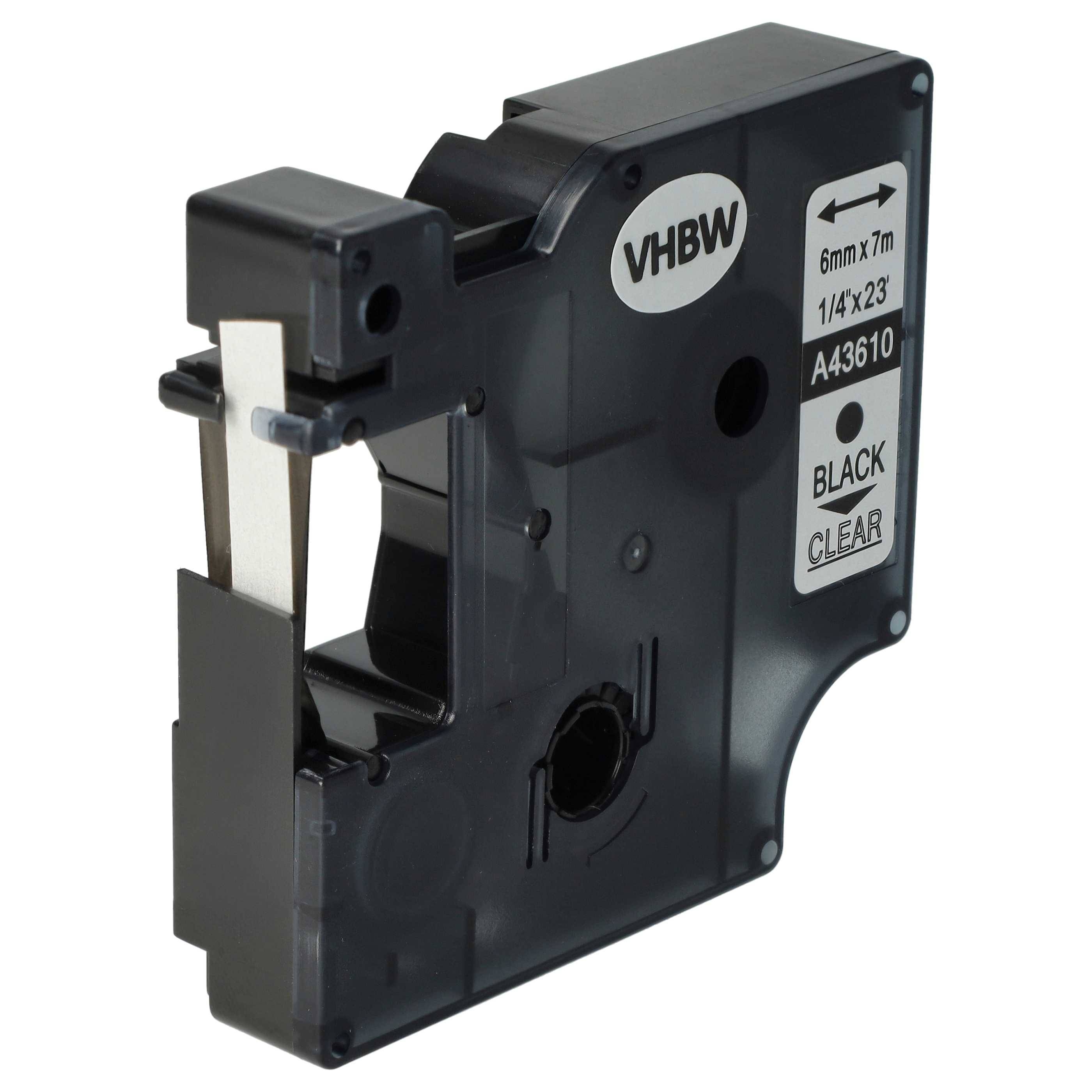 vhbw Schriftband-Kassette kompatibel mit Dymo LabelManager 210D, 200, 260P, 280, 100 Plus, 160 Etiketten-Drucker 7m x 6mm Schwarz auf Transparent