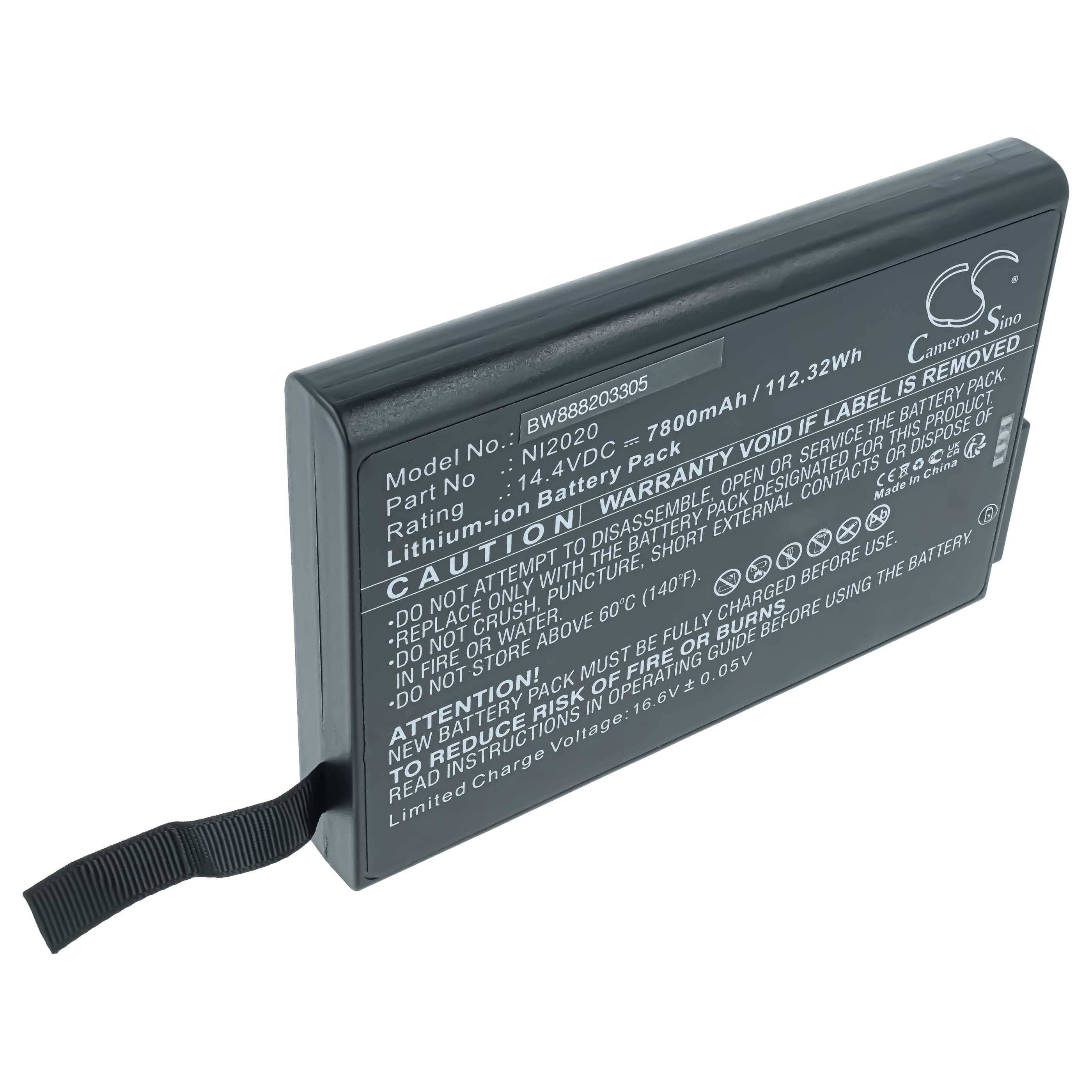 Schwarzes rechteckiges Lithium-Ionen-Kamerabatteriepack mit aufgedruckten Spezifikationen und einem Abzugslaschenriemen.