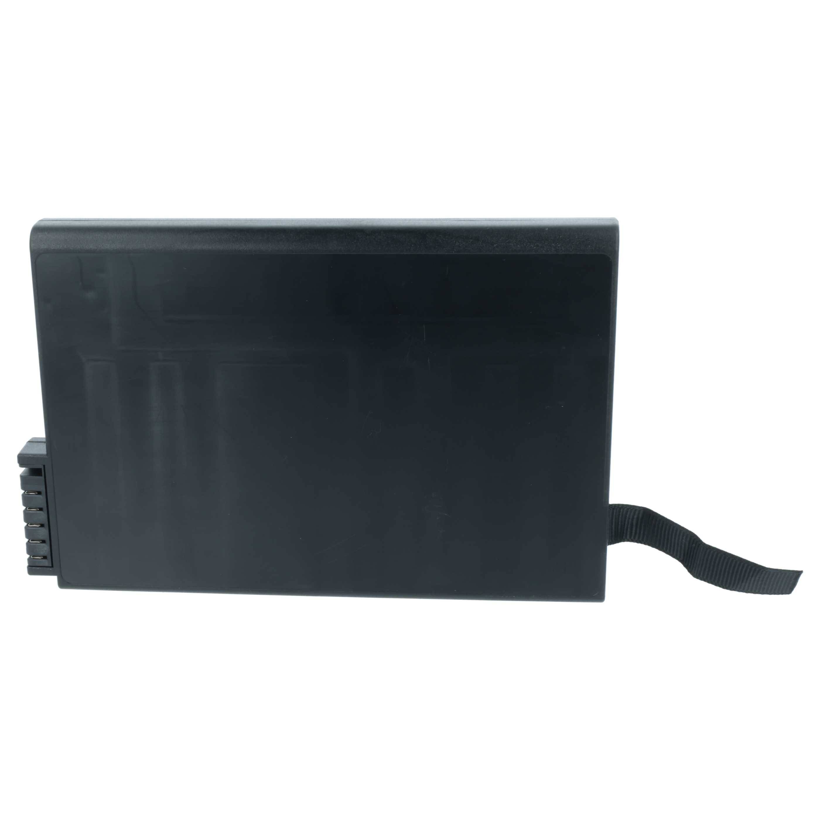 Schwarzes rechteckiges elektronisches Akku-Pack mit Seitenkonnektor und angebrachtem Verschlussband auf weißem Hintergrund.