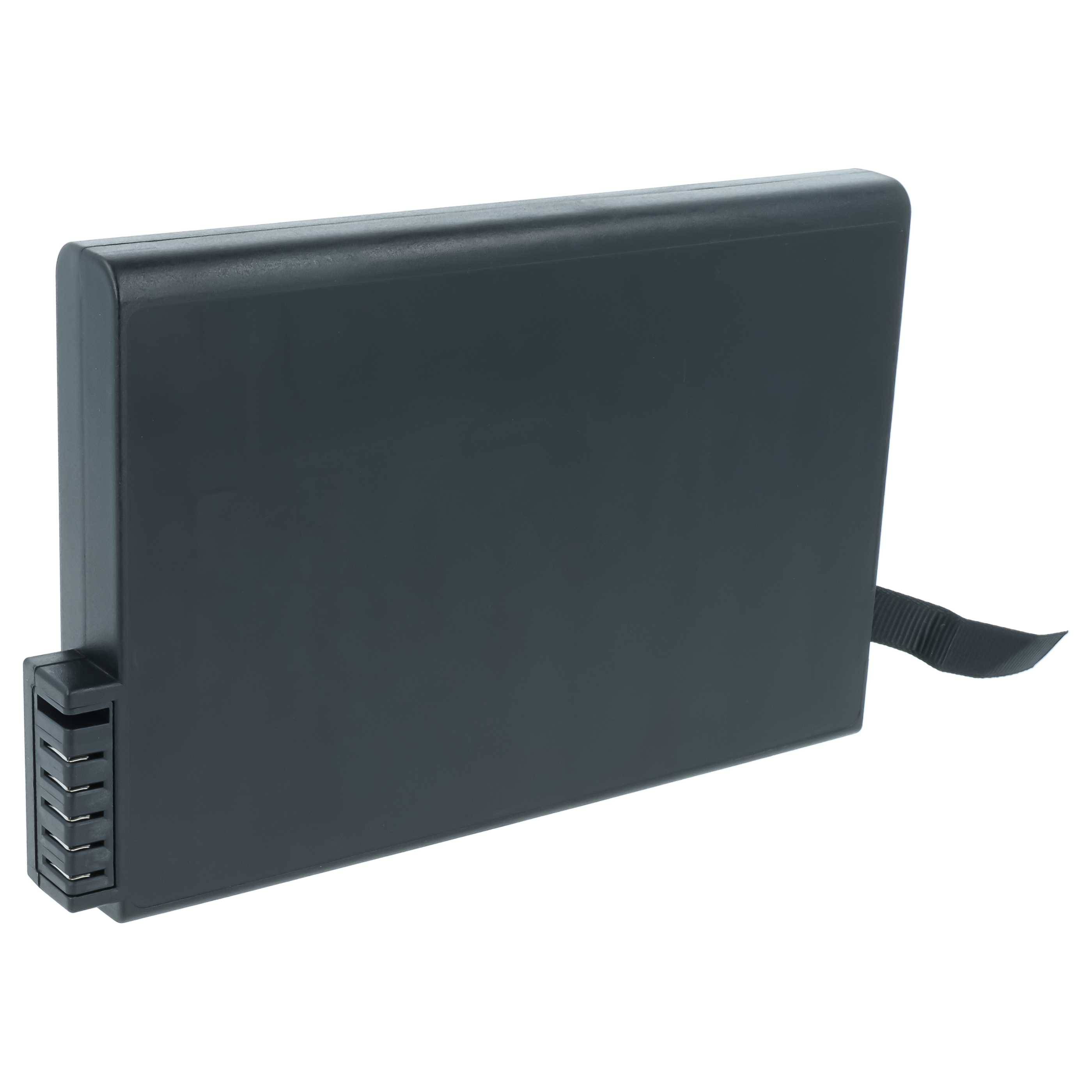 Schwarze externe Batteriebatterie mit belüftetem Seitenpanel und angebrachtem Riemen, dargestellt auf weißem Hintergrund.