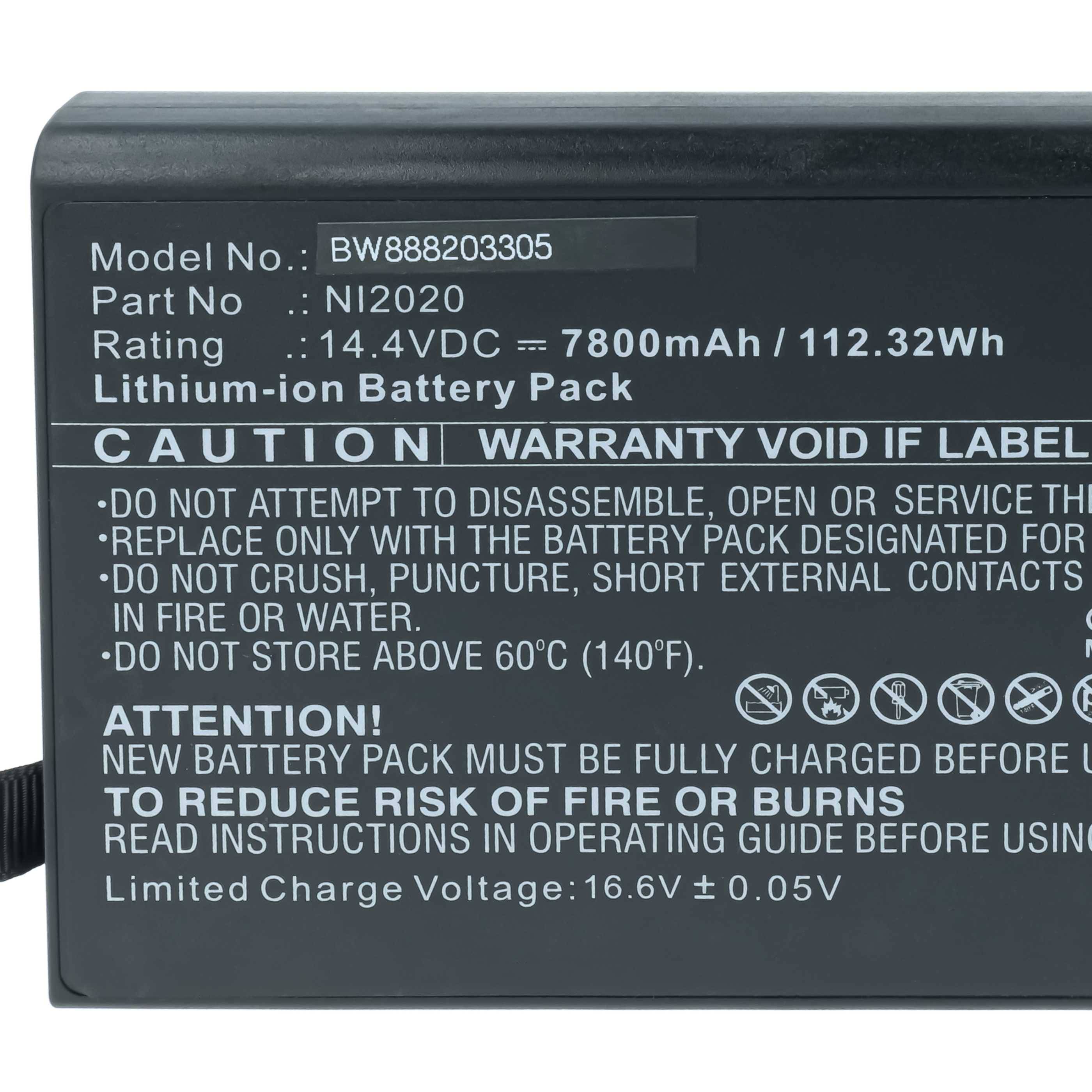 Etikett auf Lithium-Ionen-Akkupack mit Modell BW888203305, 14,4VDC, 7800mAh, 112,32Wh, mit Sicherheitswarnungen und begrenzter Ladespannung 16,6V ± 0,05V.