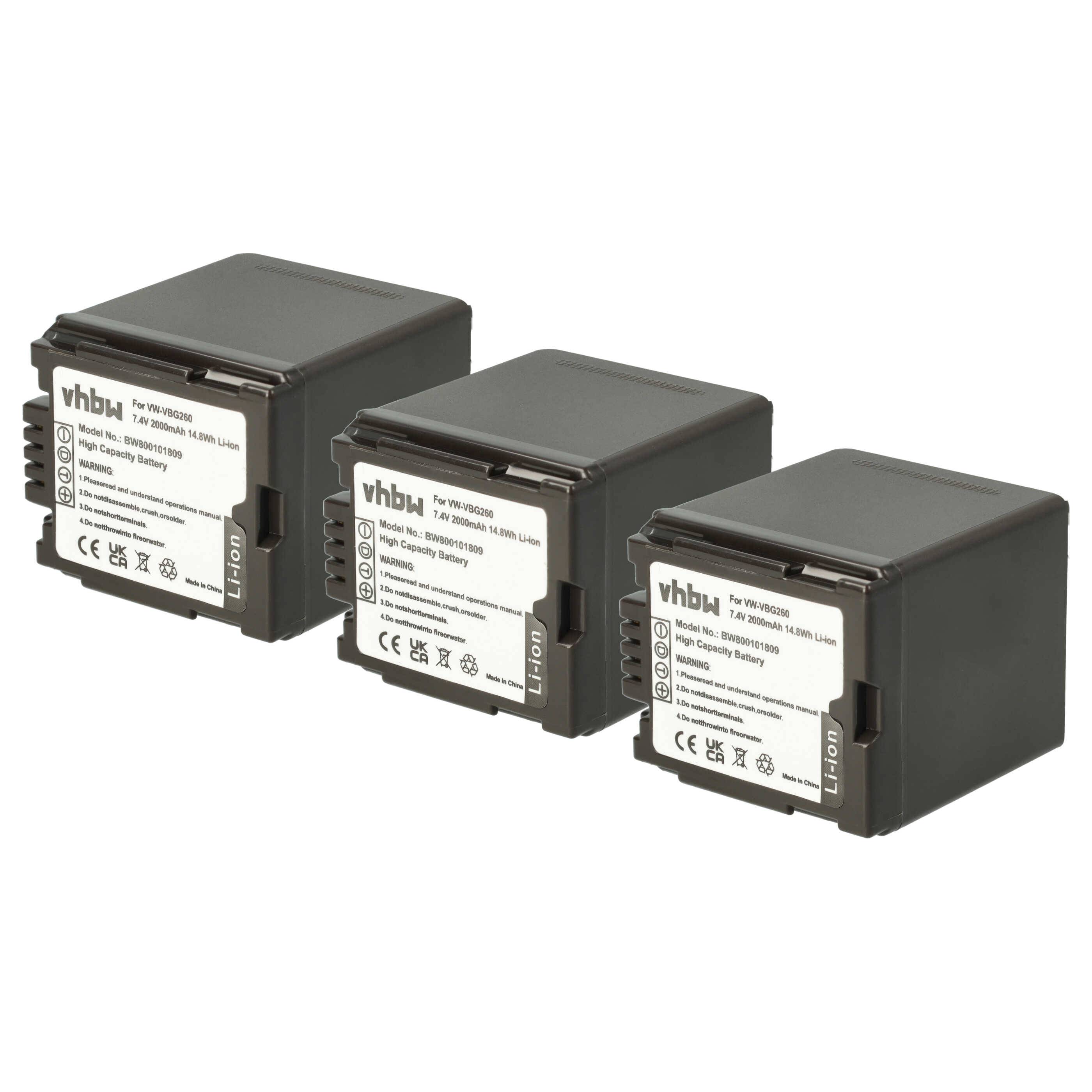 vhbw 3x Akku kompatibel mit Panasonic HDC-HS300, HDC-HS200, HDC-HS3000 Videokamera Camcorder (2000 mAh, 7,2 V, Li-Ion) + Infochip