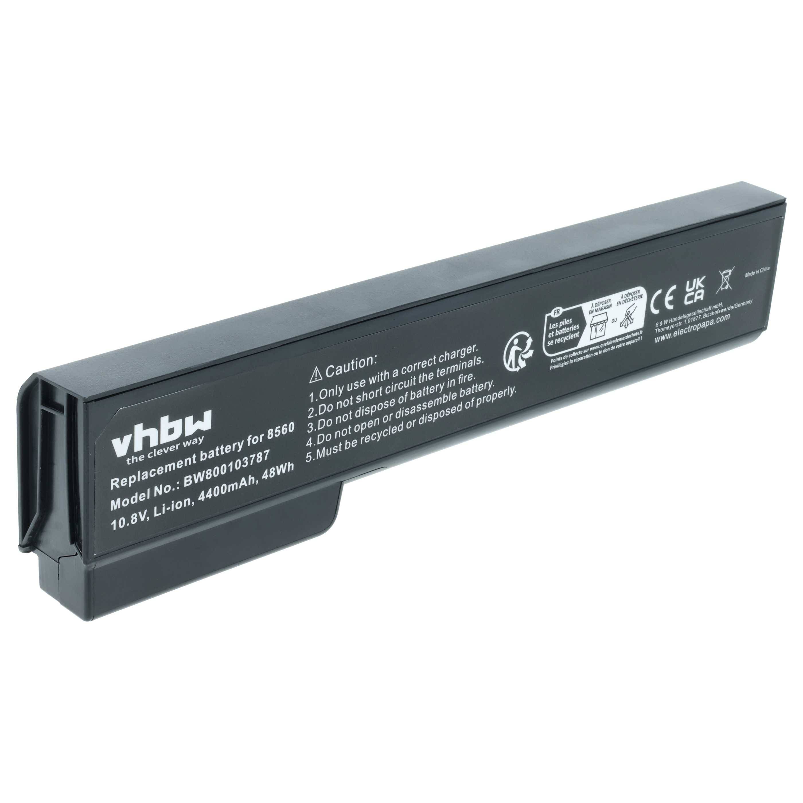 Eine schwarze Li-Ion-Ersatzbatterie mit Spezifikationen: 10,8V, 4400mAh, 48Wh, dargestellt mit Vorsichtshinweisen und Modellnummer B-10870187.
