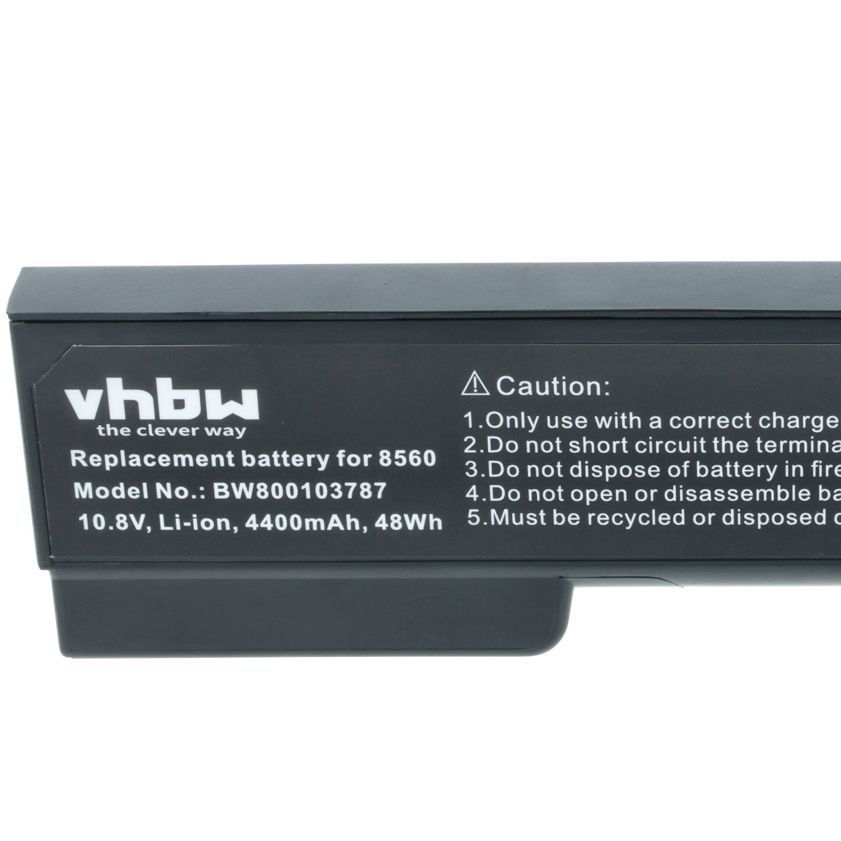 Ein schwarzer Ersatzakku mit der Aufschrift 'vhbw, der clevere Weg'. Modell-Nr.: VHBW00103787. Technische Daten: 10,8V, Li-Ionen, 4400mAh, 48Wh. Sicherheitshinweise beachtet.