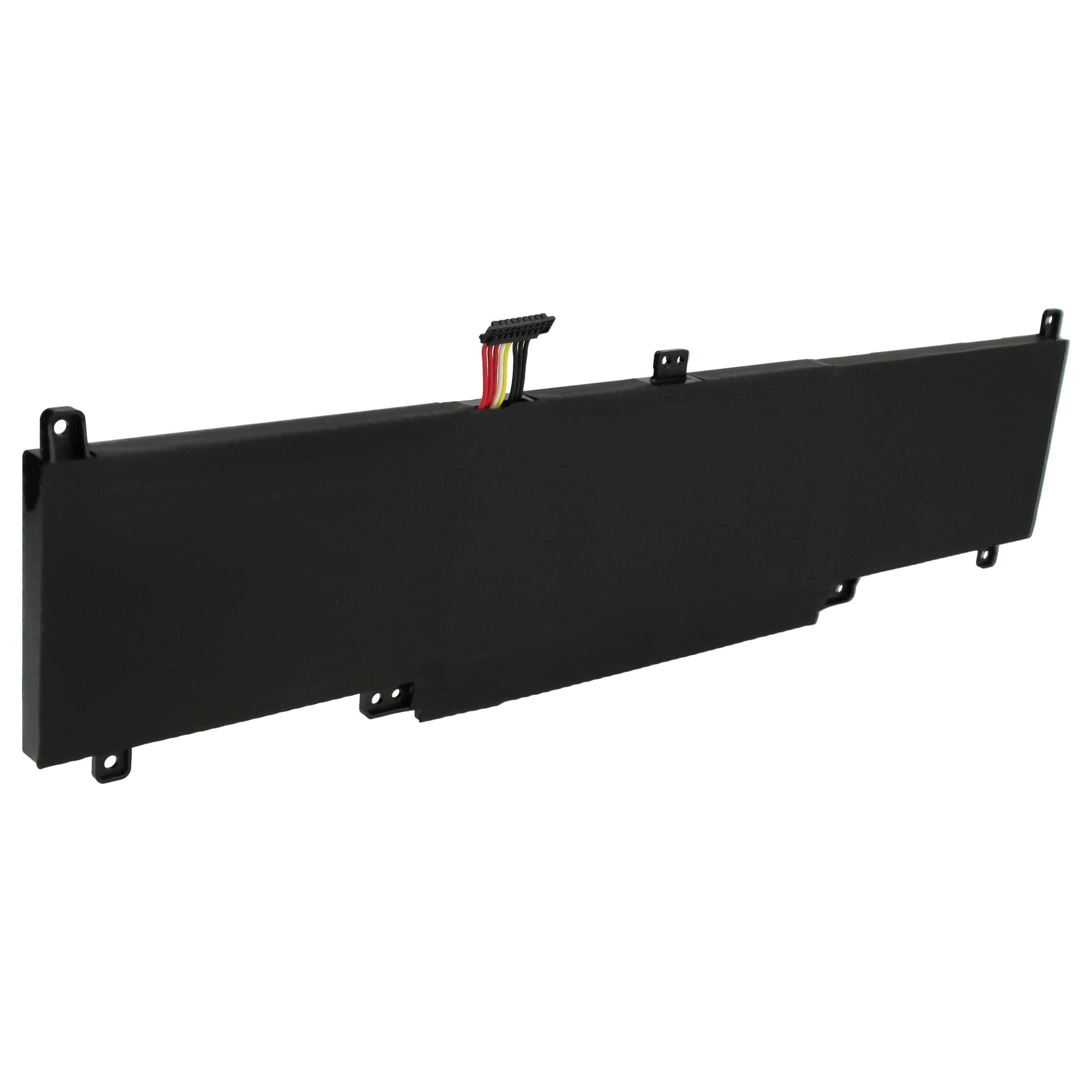 Ein rechteckiger schwarzer Laptop-Akku mit einem mehrfarbigen Anschluss-Kabel auf der Oberseite, wird zum Betreiben eines Laptops verwendet, wenn dieser nicht an ein Ladegerät angeschlossen ist.