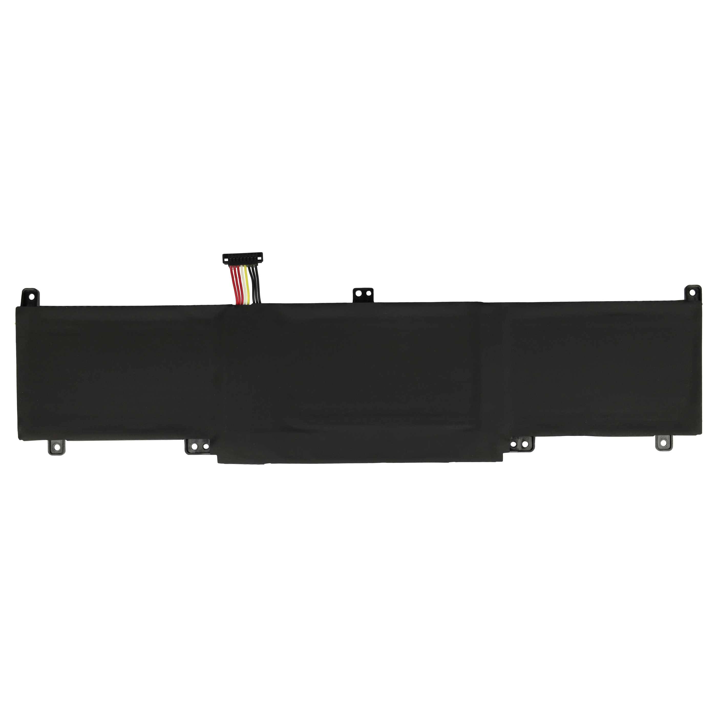 Eine schwarze rechteckige Laptopbatterie mit einem mehrfarbigen Verbindungskabel, das aus der oberen Mitte hervorragt.