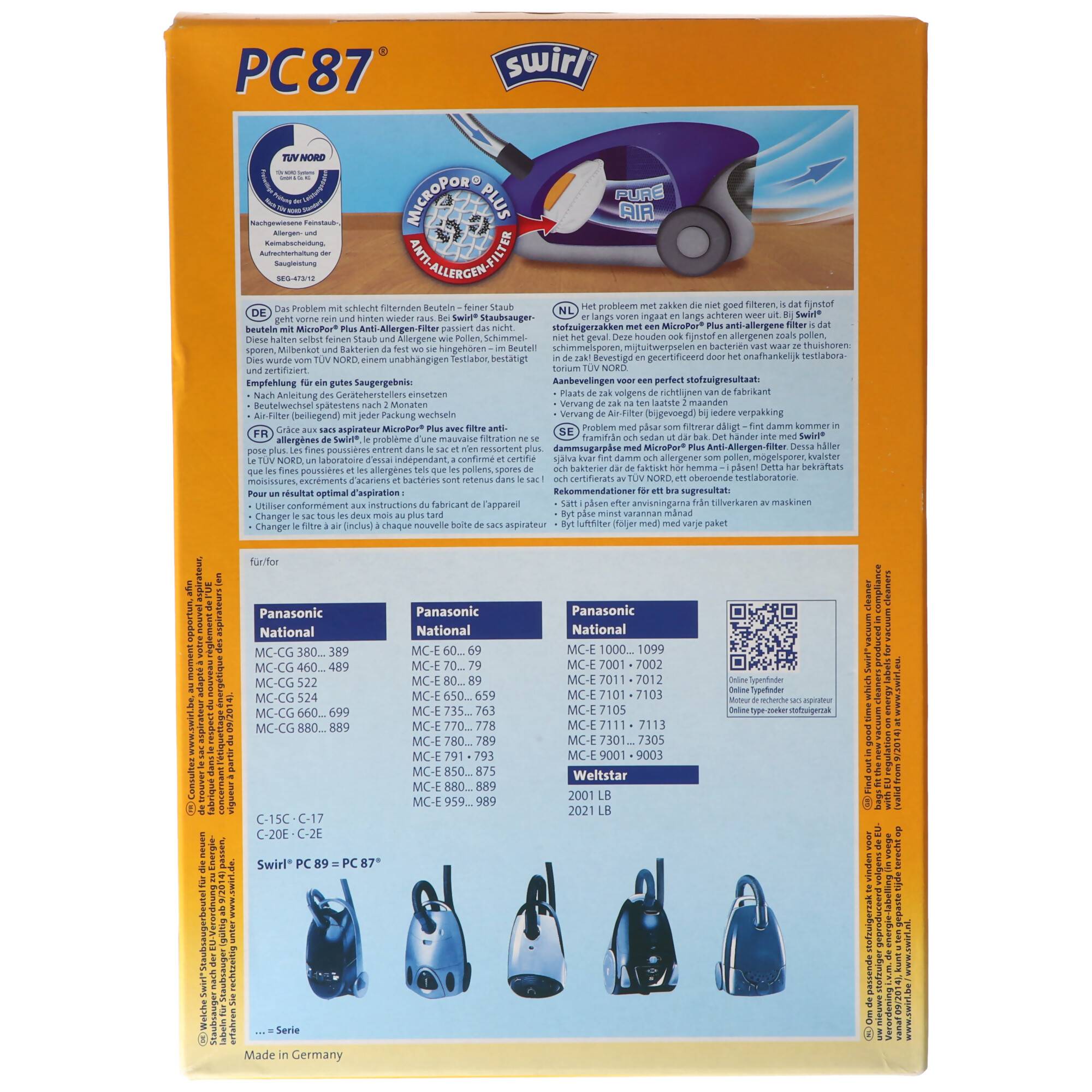 Swirl Staubsaugerbeutel PC87 (PC89/PC90) MicroPor Plus für Panasonic Staubsauger
