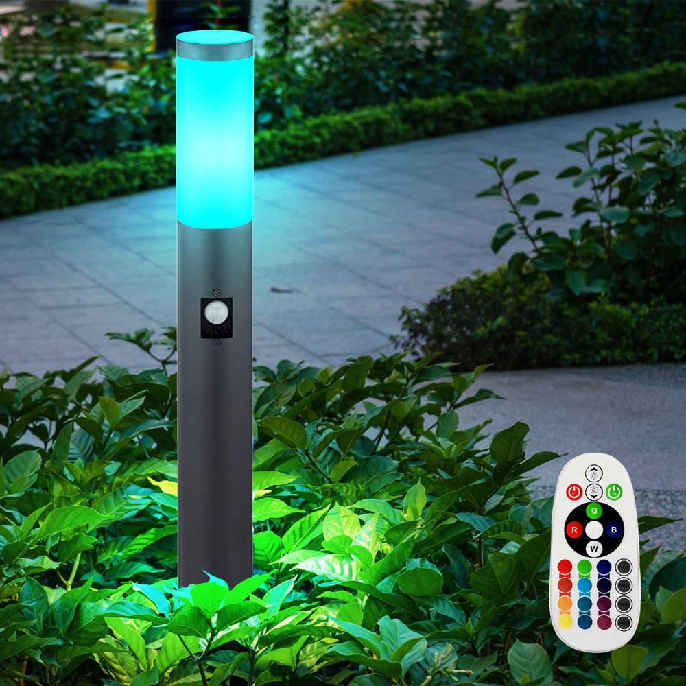 Gartenlampe mit Bewegungsmelder anthrazit Gartenstehlampe Edelstahl E27 Wegeleuchte Garten, 3 Sensoreinstellungen Fernbedienung dimmbar, 1x RGB LED