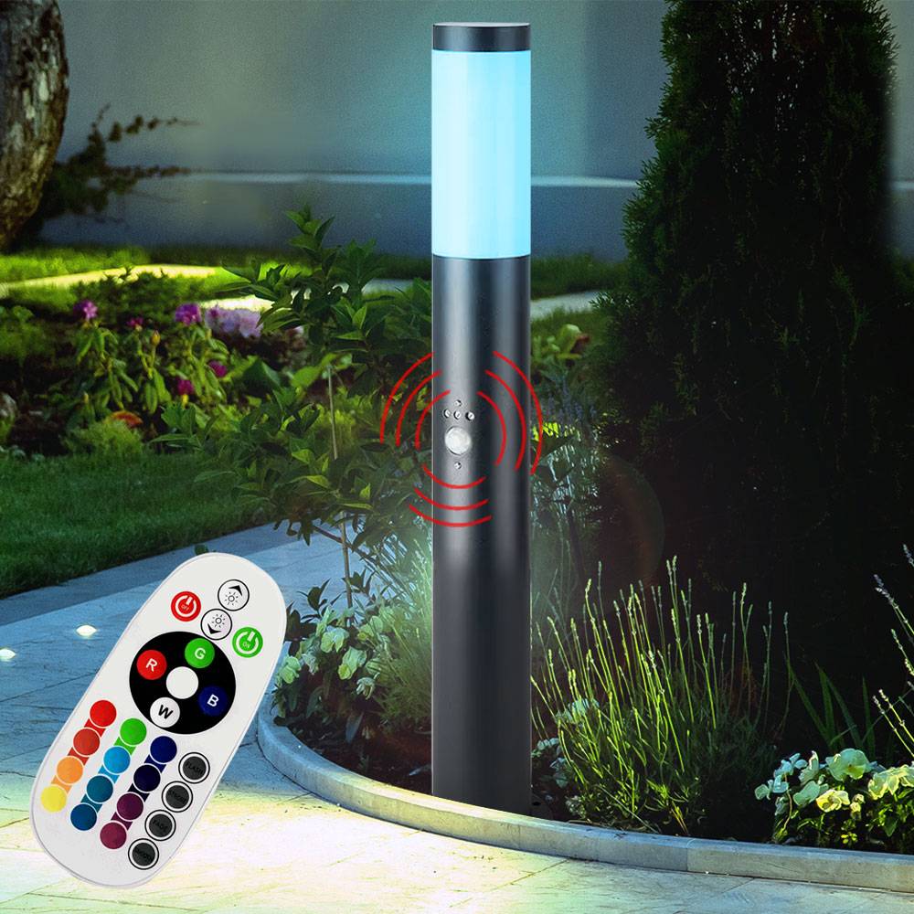 Gartenlampe mit Bewegungsmelder anthrazit Gartenstehlampe Edelstahl E27 Wegeleuchte Garten, 3 Sensoreinstellungen Fernbedienung dimmbar, 1x RGB LED