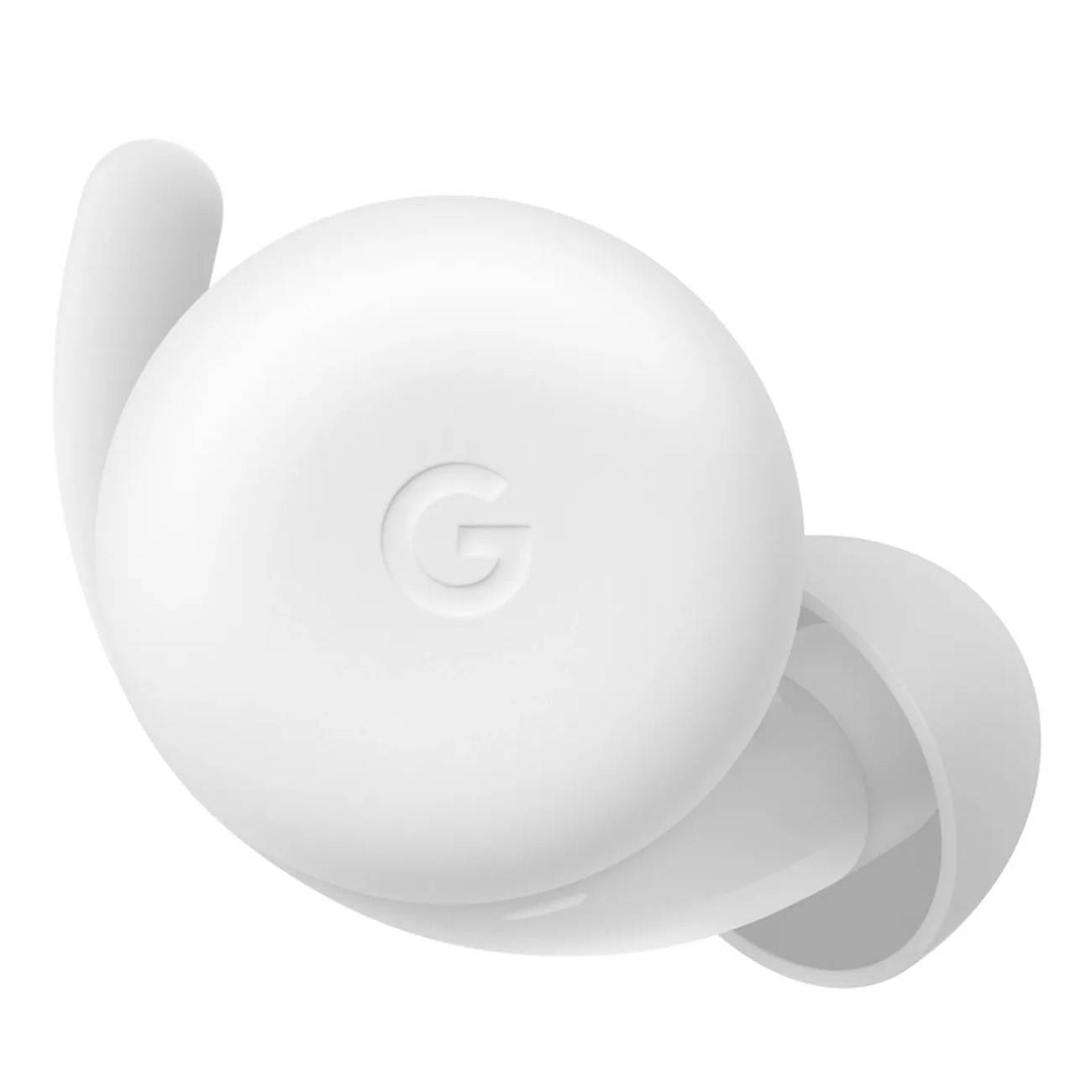 Weiße Google kabellose Ohrhörer mit Ladeetui, in einer nahaufnahmenahmen Produktabbildung dargestellt.