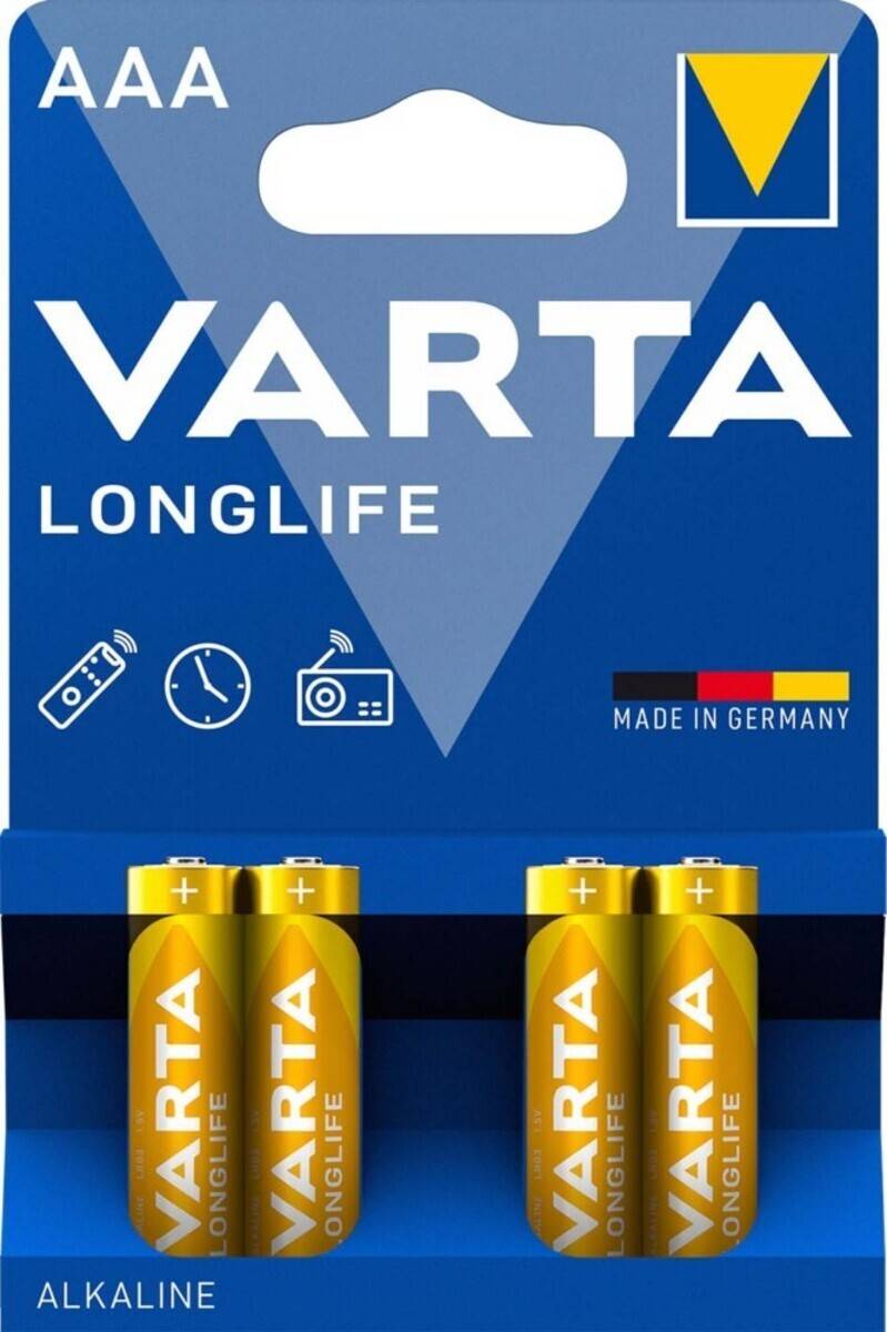 Verpackung von Varta Longlife Batterien mit vier AA-Batterien. Enthält Symbole für die Verwendung in Fernbedienungen und Uhren. Made in Germany.